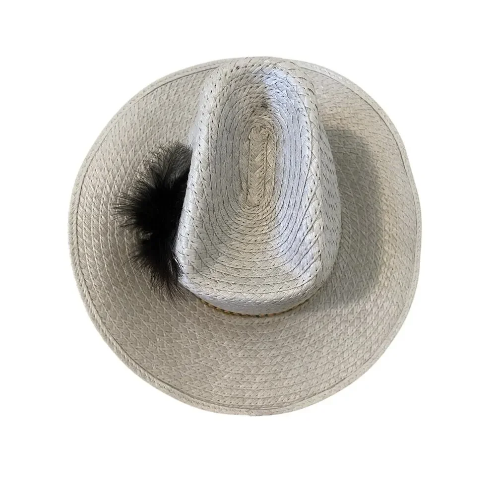 Western Straw Cowboy Hat Sz 6 7/8 Feather Hatband Country Ranch‎ Apache